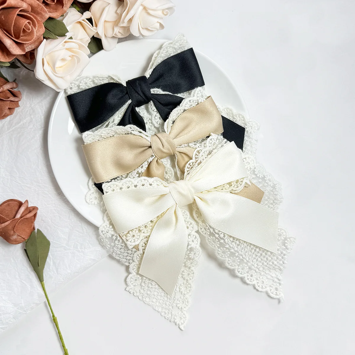 Korean Boutique Lace Ribbon Bow With Hair Clip Women Girls Long Tails Ribbon Bow Hair Pins Barrettes for Kids Headwear Wholesale