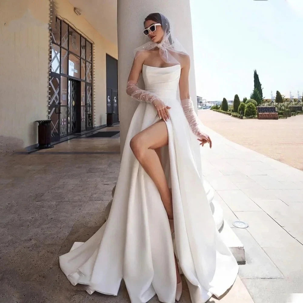 

Haohao Simple A Line Satin Wedding Dress For Women Strapless Sleeveless Side Slit Bride Dress Robe De Mariee Vestidos De Novia