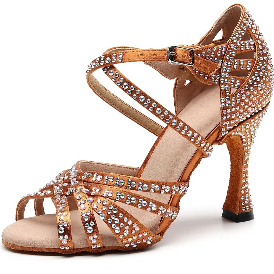 

9.0cm heel Oyidance Brand New Fashion Brown Satin With Crystal Women Latin Salsa Ballroom Chacha Dance Shoes On Promotion