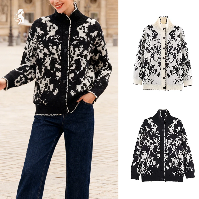 

Женская модная жаккардовая вязаная куртка с высоким воротом, однобортная, удобная и стильная вязаная куртка, осенняя одежда Trafizaran