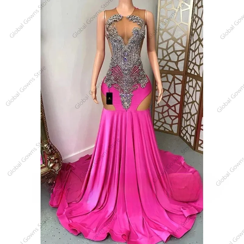 

Hot Pink Prom Dresses 2026 Luxury Black Girls Beaded Rainbow Rhinestone African Wedding Party Dress robes Customized