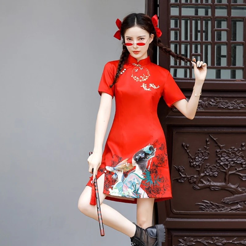 

Женское красное современное платье Ципао - модное повседневное платье с цветочным принтом в стиле ретро, воротник-стойка, Cheongsam, молодой современный стиль