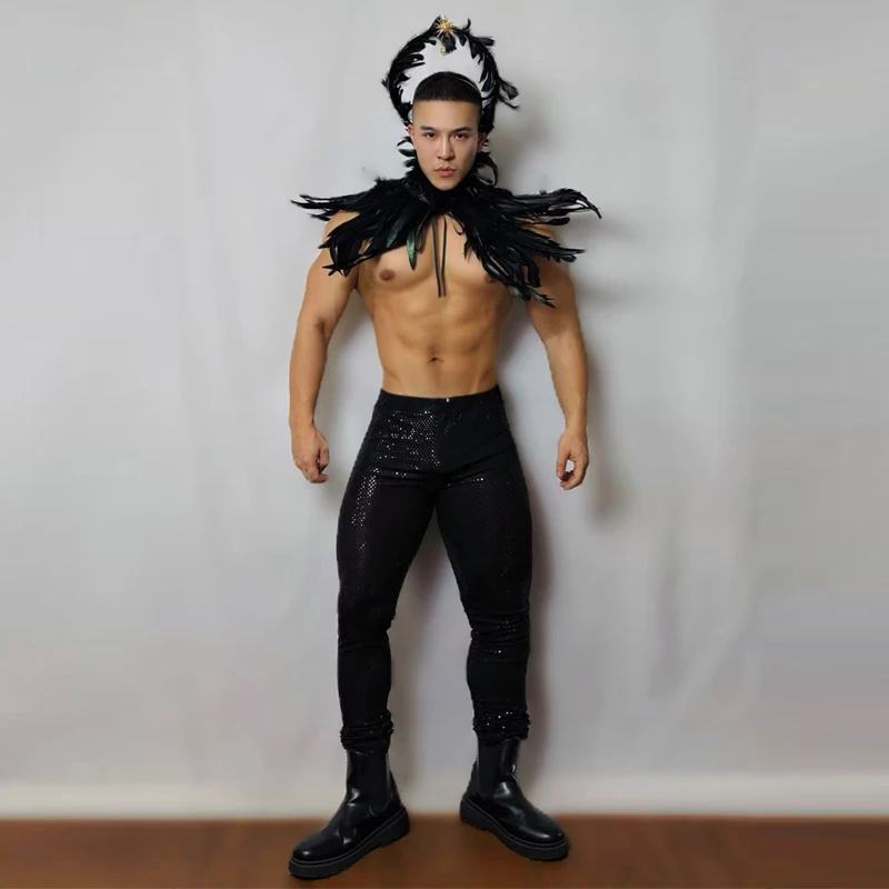 Nachtclub Bar DJ Halloween Pole Dance Kleidung Männer Feder Top Pailletten Hosen Gogo Kostüm Bühne Leistung Rave Outfit XS10398