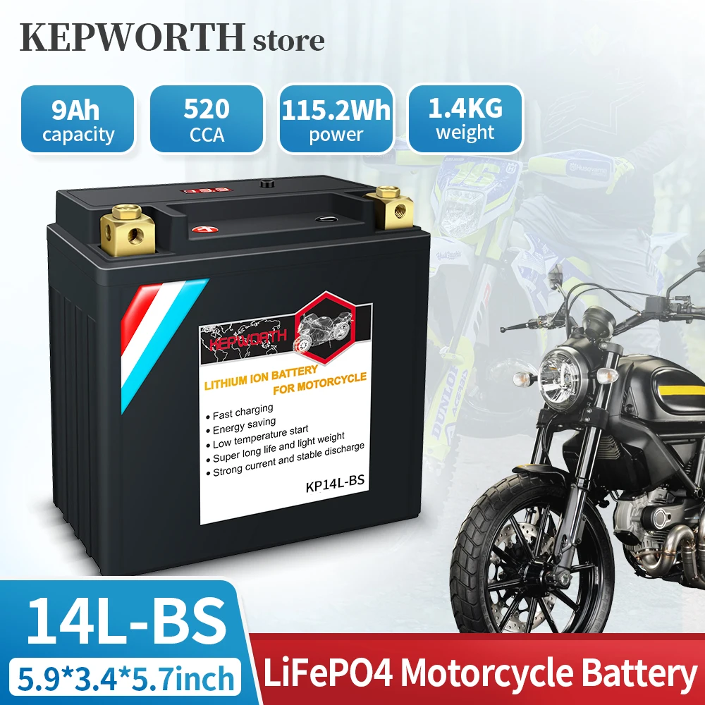 14L-BS Lithium Motorcycle Battery 12V 9AH 520CCA LiFePO4 Powersports Batteries Built-in BMS for ATV UTV 4 Wheeler Quad YTX14L-BS