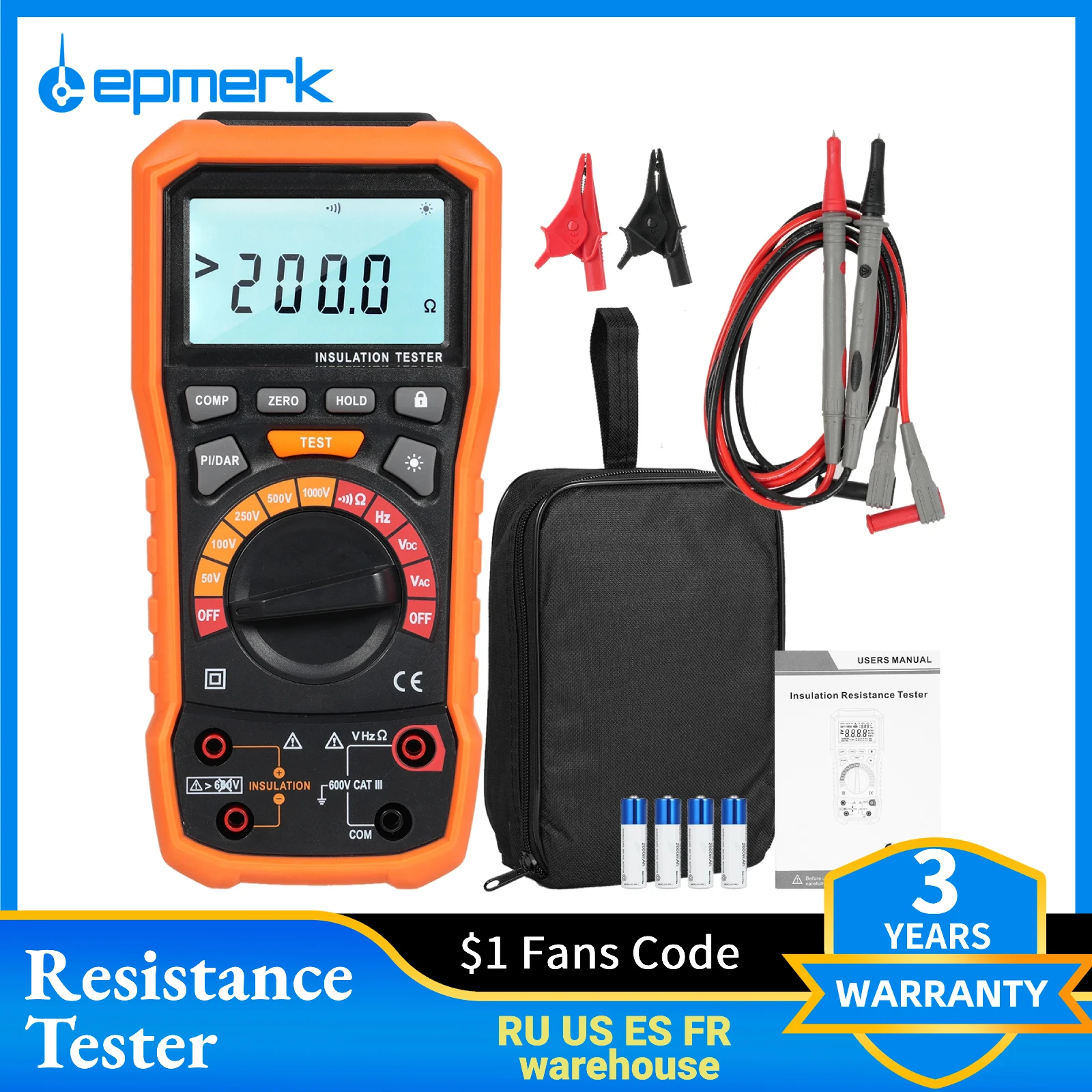 Insulation Resistance Tester Megometer Digital Handheld Meter 50/100/250/500/1000V  Auto Range Insulated Anti-Magnetic