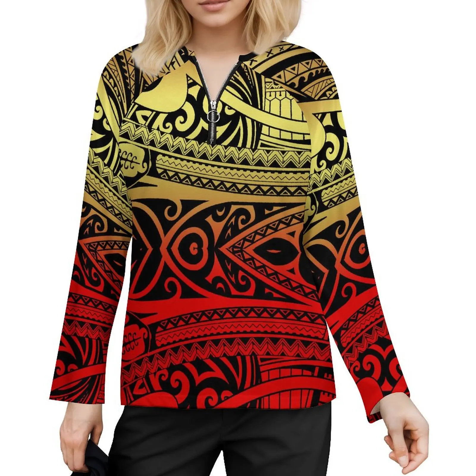 Polynesian Tribal Printed Workout Zipper T Shirts Sports High Quality Quick Dry T-Shirt Custom Long Sleeve T Shirt For woman