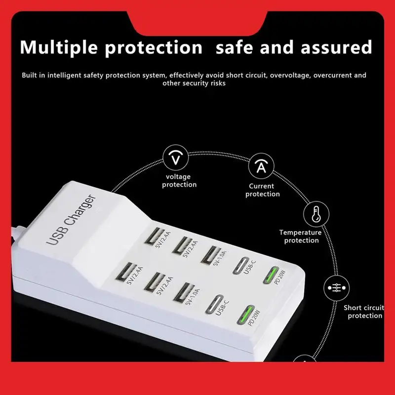 

10-портовая USB-зарядная станция USB-зарядное устройство USB C Блок зарядного устройства Зарядный концентратор для нескольких устройств USB-полос питания