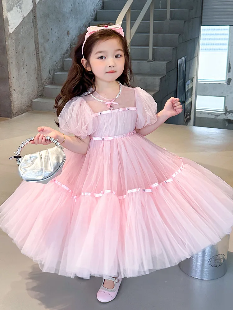 2024South Korea Children\'s Clothing Girls\' Pink Dress Summer Western Style Children\'s Senior Year-Old Performance Dress Mesh Now