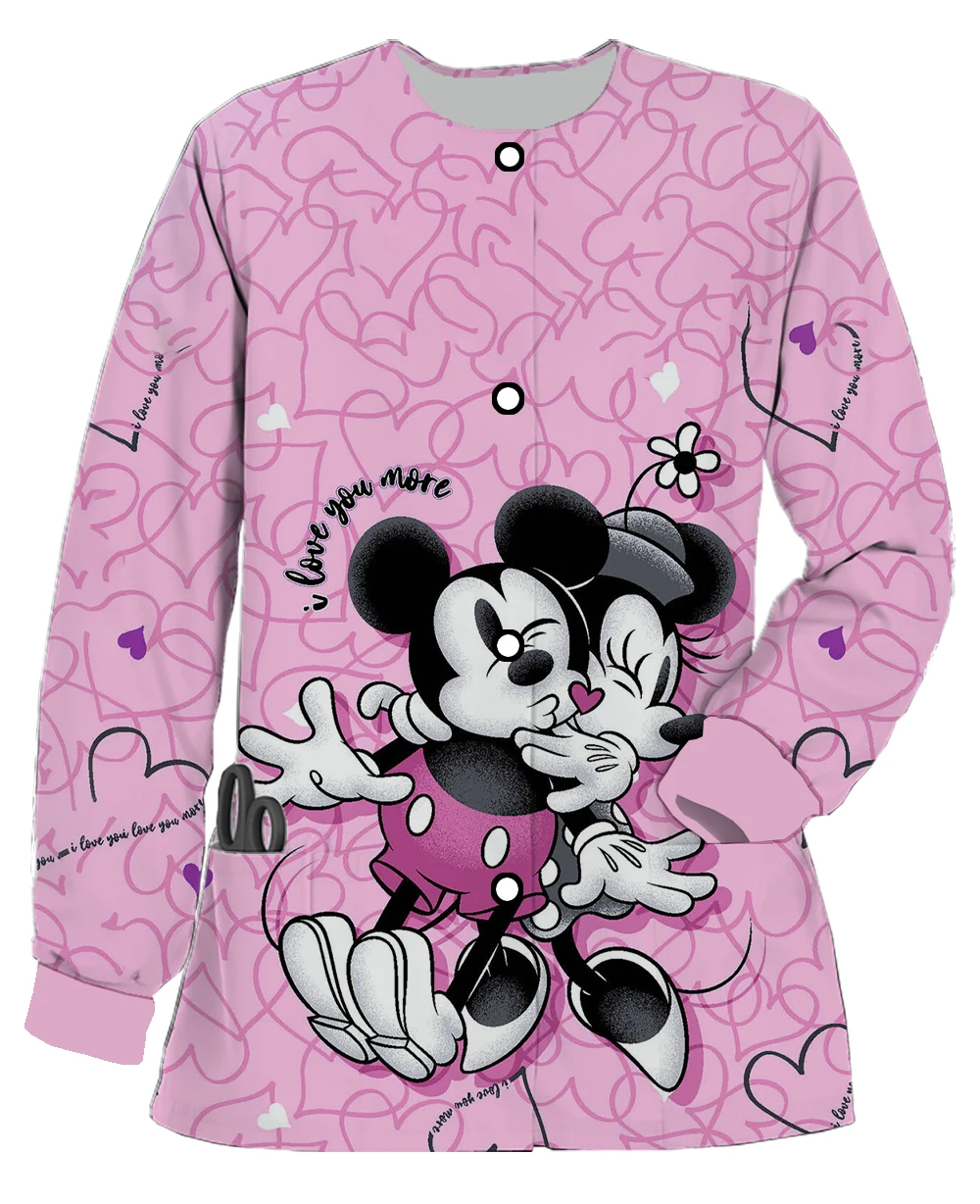 New spring and autumn Disney Mickey print women's long-sleeved round neck button pocket nurse uniform doctor work uniform jacket