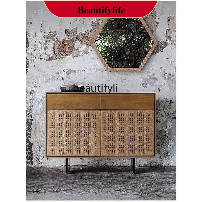 

G1218 Nordic Braided Rope Sideboard Cabinet Solid Wood Entryway TV Cabinet Simple Modern Living Room Tea Storage Cabinet