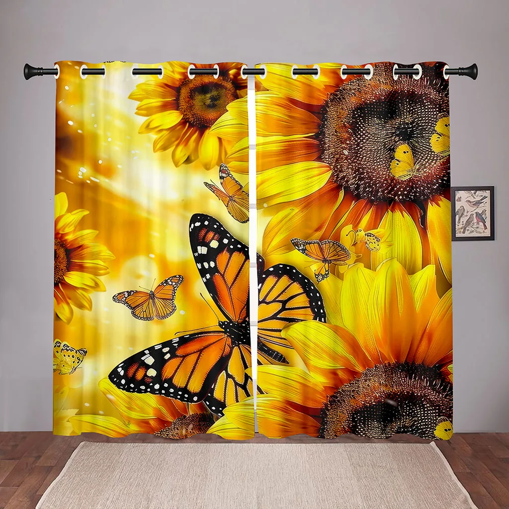 2 Piece Sunflower Butterfly Curtain Gold Yellow Floral Pattern Living Room Bedroom Kitchen Balcony Window Decor Nature Theme