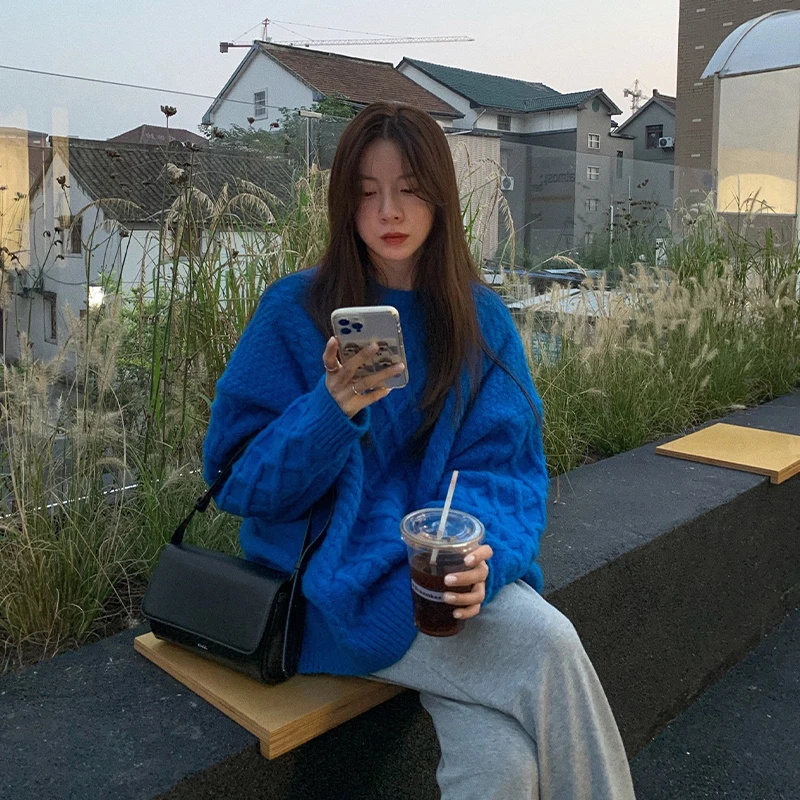 Winter Women Blue Sweater Crew Neck Twist Korean Fashion Lazy Wind Leisure Loose Vintage Pullover Long Sleeves Knitting Tops