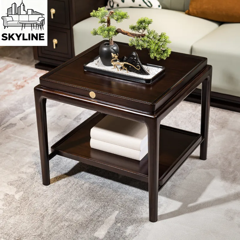 Light Luxury Solid Wood Removable Square Side Table, Ebony Finish Corner Cabinet for Living Room Sofa