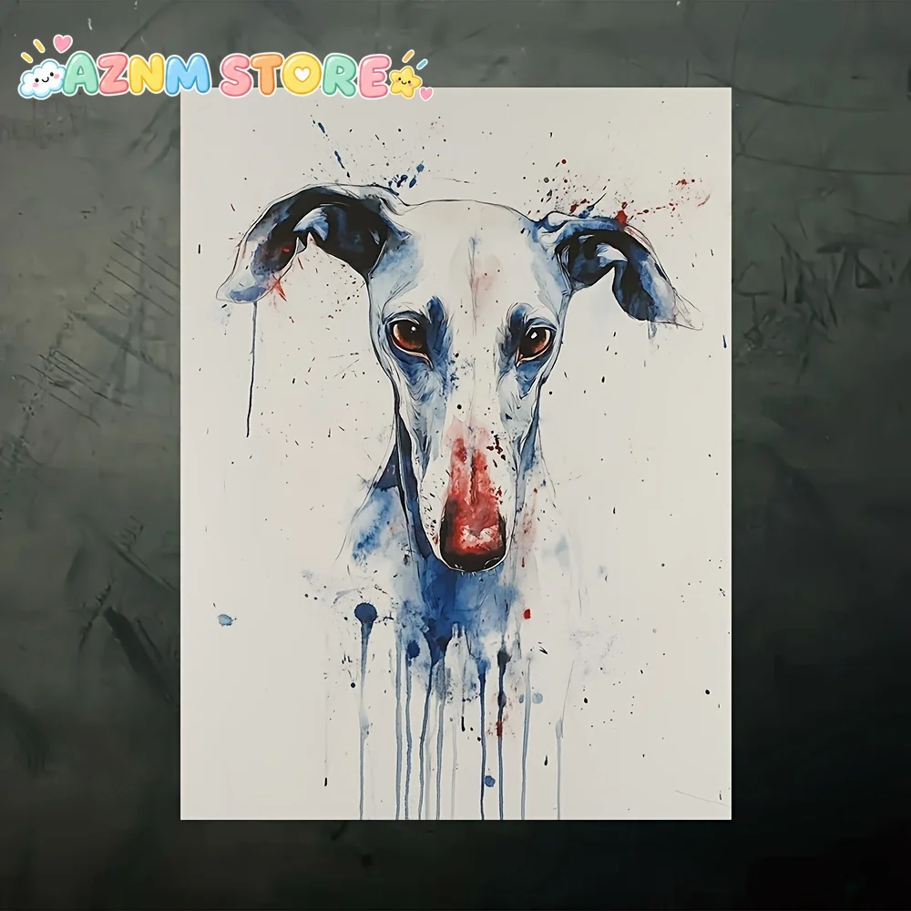12x16 Inch Blue Greyhound Watercolor Canvas Print - Modern Frameless Wall Art with Red Nose & White Spots, Vibrant Abstract B