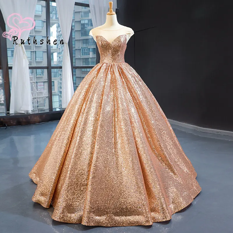 Gorgeous Ball Gown Evening Dress Sheer Cap Sleeves Gold Sequin for Women 2023 Formal Occasion Party Gowns Vestidos