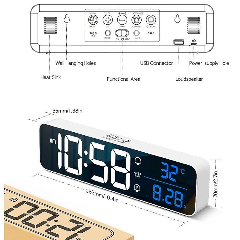 LED Digital Alarm Clock Wall/Table Electronic Clock with Temperature Snooze Date Weekday & Dual Alarms 40 Ringtones