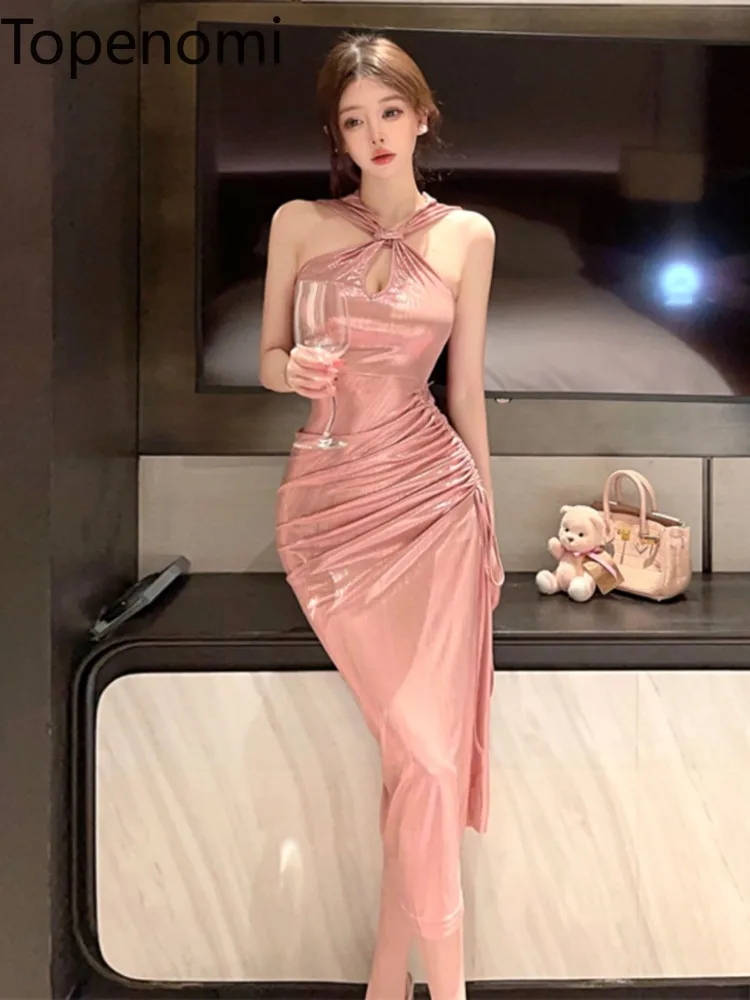 

Topenomi Sexy Halter Evening Dress Women Temperament Side Split Drawstring Slim Fit Mid Length Party Vestidos Cocktail Dresses