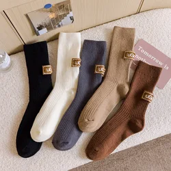 1Pair Ug Cashmere Wool Socks Women Winter Socks Solid Warm Thickened Pile Embroidered Logo Mid-Calf Socks Casual Snow Boot Sock