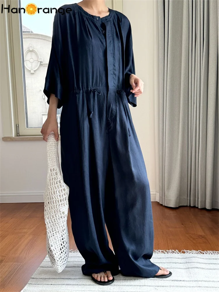 HanOrange 2024 Summer Lazy Slightly Transparent Lyocell Linen Jumpsuit women Comfortable Breathable Loose Casual Jumpsuit Navy