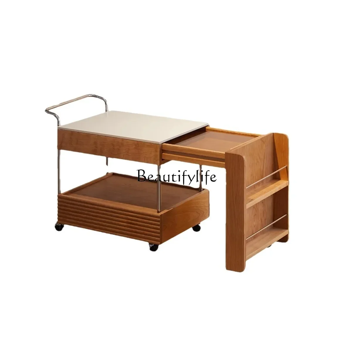 

ls 18Coffee table solid wood Japanese cherry wood movable trolley rock slab tea cabinet