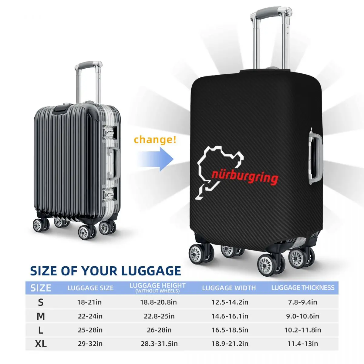 Nurburgring Carbon Fiber White Red Suitcase Cover Protection Elastic Trip Luggage Protector Covers for 18-32 Inch