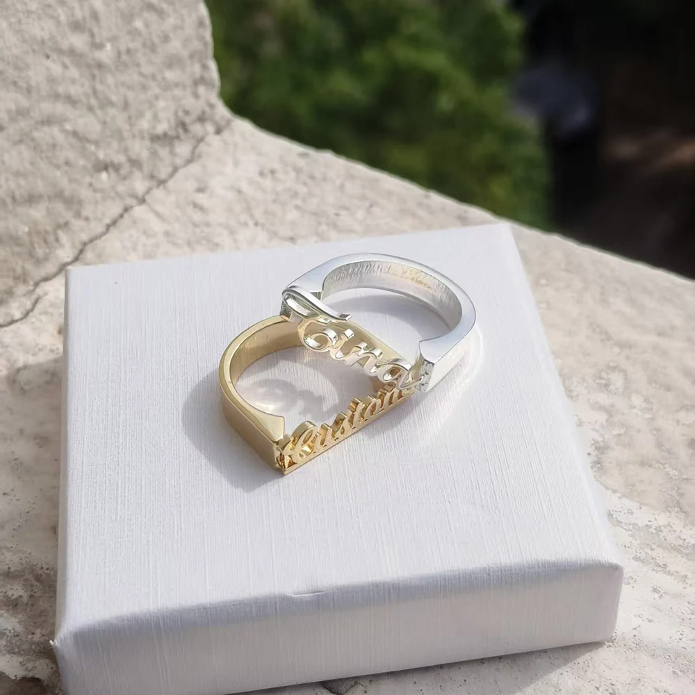 Customised Name Rings Personalised 3D Letters Minimalist Style Stainless Steel U-Shape Various Letters Women’s Name Rings