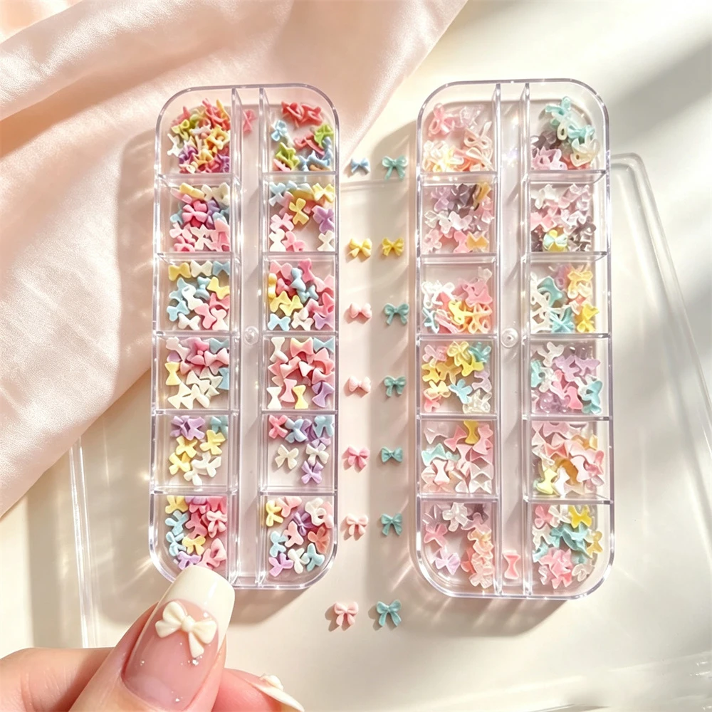 3D Resin Bowknot Nail Charms 12 Grids Box Mixed Pastel Macaron Flat Back Bow Beads Kawaii DIY Acrylic Gel Nail Art Decorations