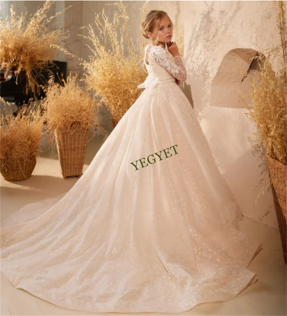 

Champagne Tulle Flower Girl Dress for Wedding Lace Applique Princess Full Sleeve Pageant Dresses Long Party Ball Gown