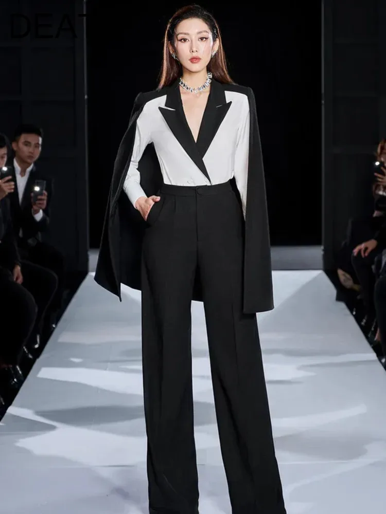 DEAT 2024 Autumn Elegant 2 Pcs Set Contrast Color Lapel Cloak Top High Waist Solid Straight Pants Women's Suits  New 35Z1047 image 2