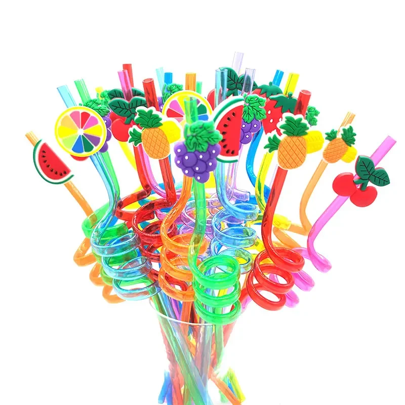 8pcs 26cm Fruit Cocktail Straws Reusable Food-grade Plastic Summer Spiral Drink Straws Children's  Birthday Party Decor