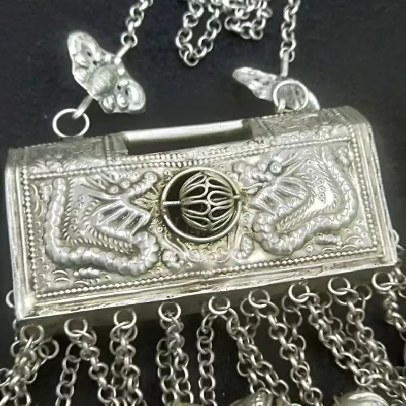 Handmade Double Dragon Pendant with Double sided Ethnic Style Hollow Sweater Chain as a Gift for Friends