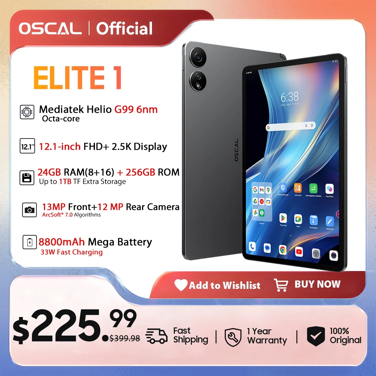 2024 OSCAL ELITE 1 تابلت أندرويد 14 Blackview 12.1 بوصة 2.5K عرض MTK Helio G99 8GB 256GB 8800mAh بطارية 33W شحن سريع