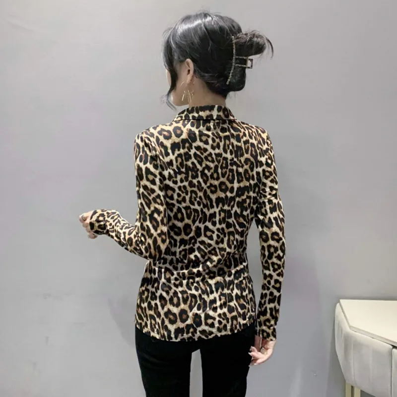 #8017 Leopard Shirt Women Long Sleeve Turn-down Collar Vintage Korean Style Buttons Slim Womens Blouses And Tops Spring Autumn