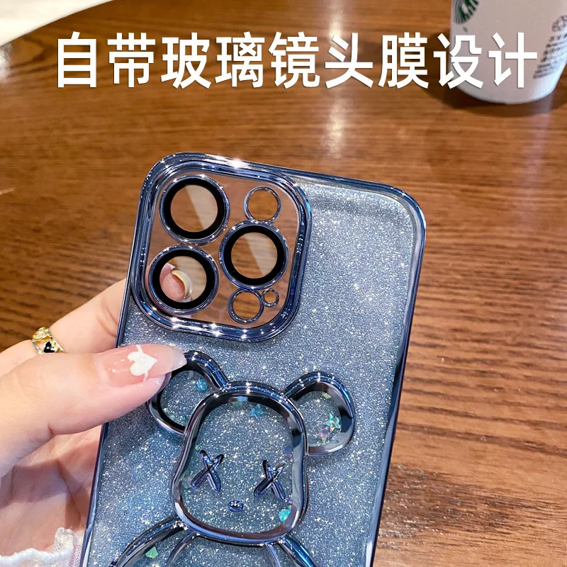 For iPhone15pro phone case iPhone11 Quicksand iPhone12 Glitter Violent Bear iPhone16 plated iPhone13 silicone lens film iPhone14