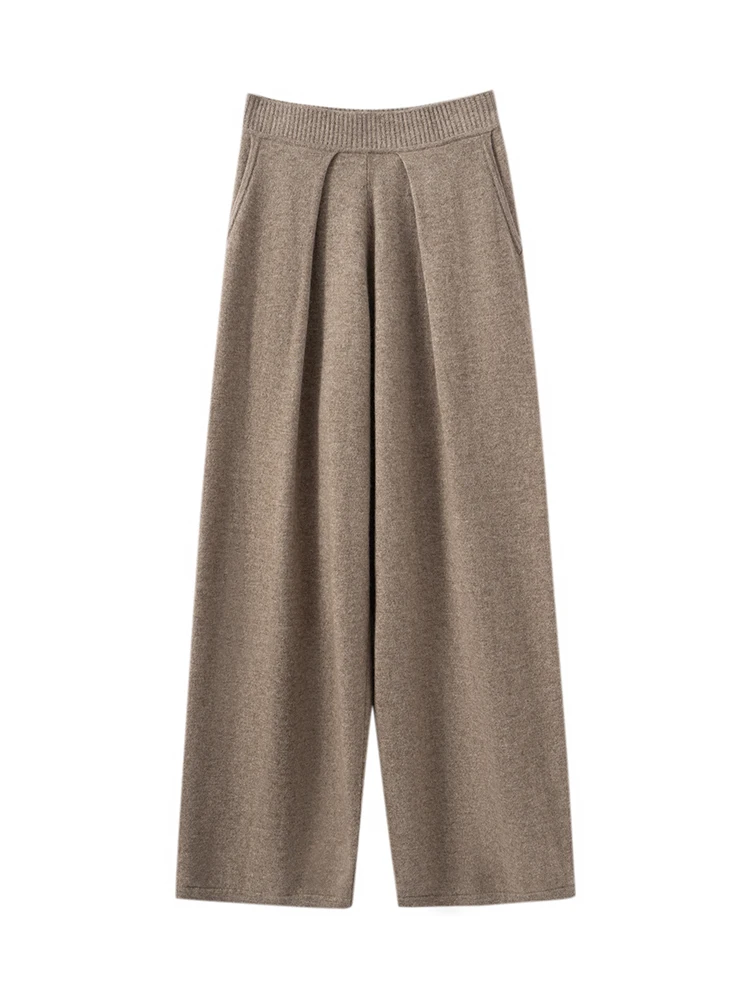 من المألوف عادية بسيطة الراحة محبوك واسعة الساق السراويل بنطلون المرأة الأساسية الخريف الشتاء الدافئة لينة 100% الكشمير قيعان