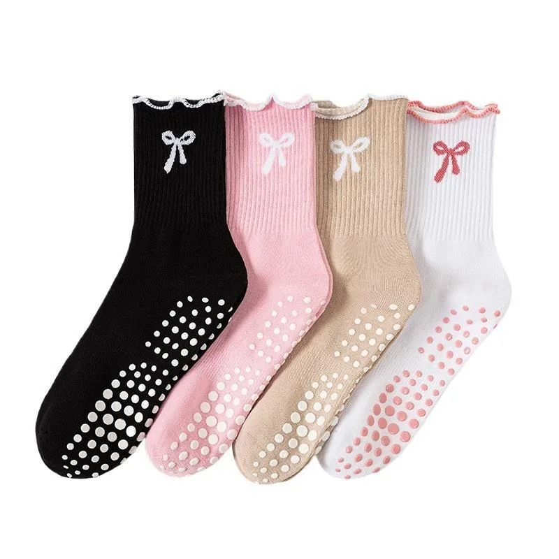 Women Pilates Grip Socks With Ruffle, Cute Non Slip Yoga Socks Bow Frilly Crew Sock For Barre Yoga Dance Workout Barefoot Fitne view 5