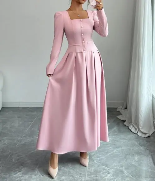 

Womens Dresses Simple and Fashionable Solid Color Long Sleeved Square Neck Ruched Long Skirt Dress for Women In Spring 2025