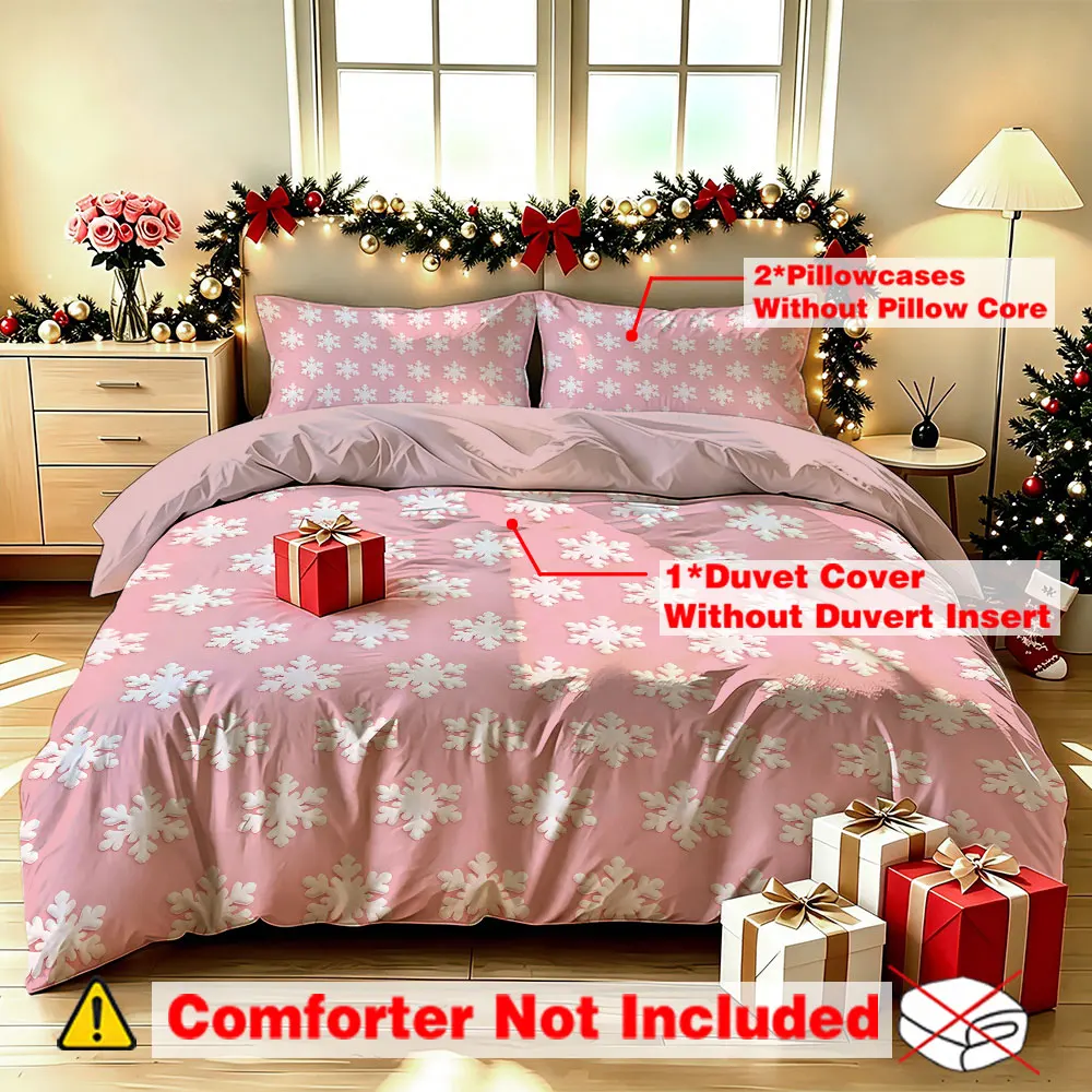 Pink Snowflake Duvet Cover Set 3Pcs, Winter Snow Bedding, Minimalist Print Quilt Cover with Pillowcases, Xmas Decor