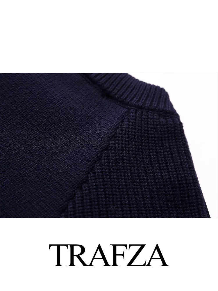 TRAFZA 2024 Female Y2K Pullover O Neck Crop Top Women Long Sleeve Fashion Patchwork Knit Sweater Spring Red Black Slim Short