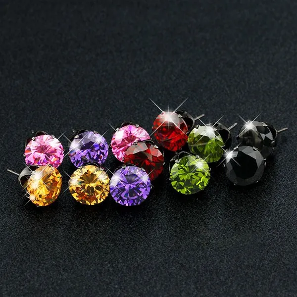 Classical 925 Sterling Silver Colorful 4-8MM Round Cubic Zircon Crystal Stud Earring for Women Anniversary Party Jewelry Gifts