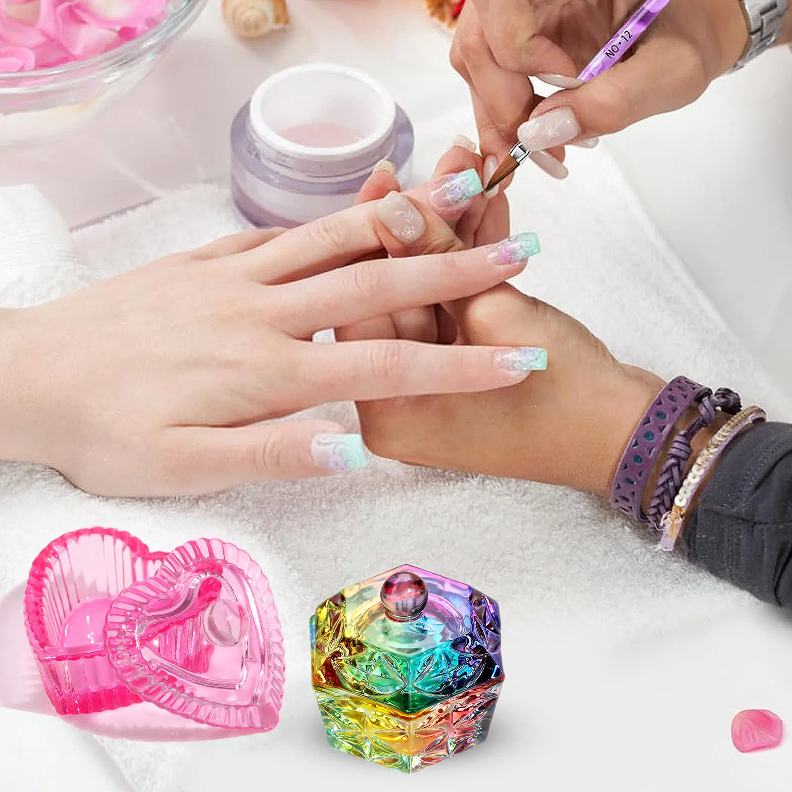 Nowy manicure Różowy akrylowy proszek Płynny kryształowy szklany kubek z pokrywką Aurora Kolorowy kubek Pędzel do paznokci Pióro do mycia Kubek Narzędzie do zdobienia paznokci