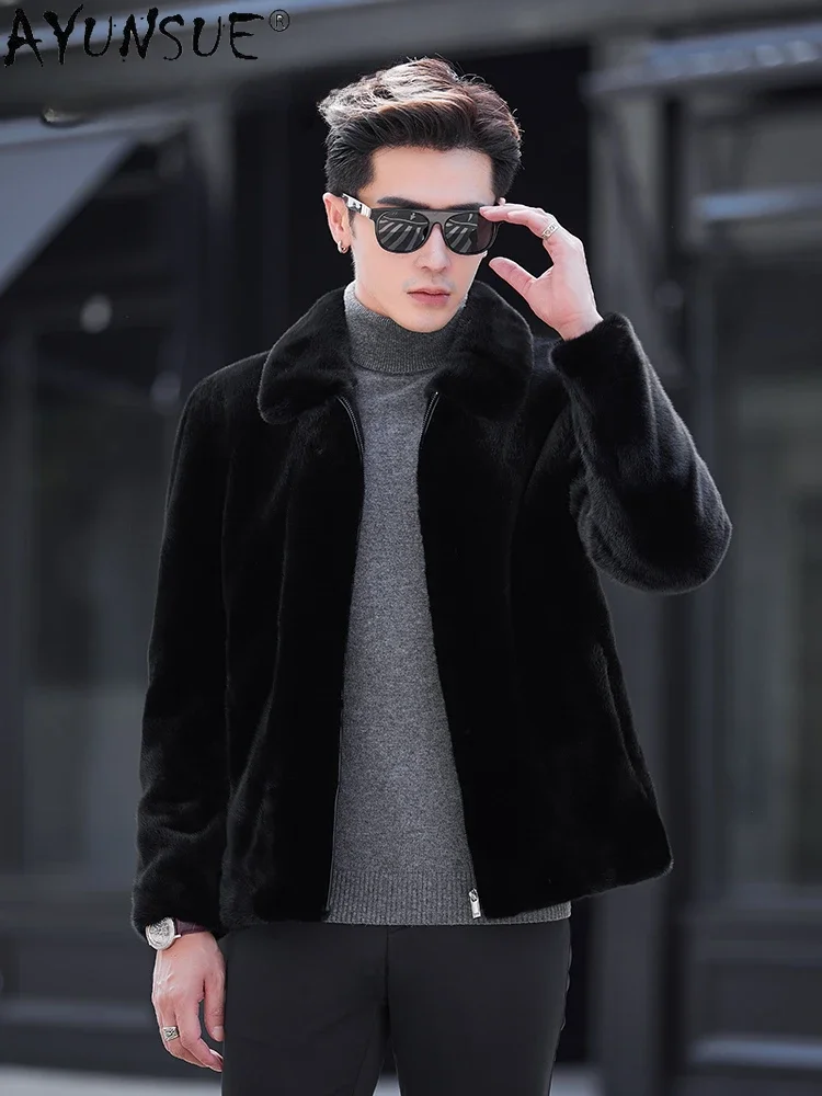 AYUNSUE Real Fur Coat Men Clothing High-end Natural Mink Fur Jacket Lapel Black Fur Coats Casual Outwear Jaquetas Masculinas