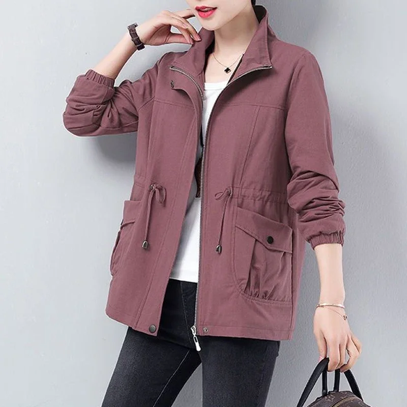 

Double Layer Women Plus Size Spring Autumn Korean Plus Size Lining Windbreaker Drawstring Waist Stand Collar Jacket Coat Women