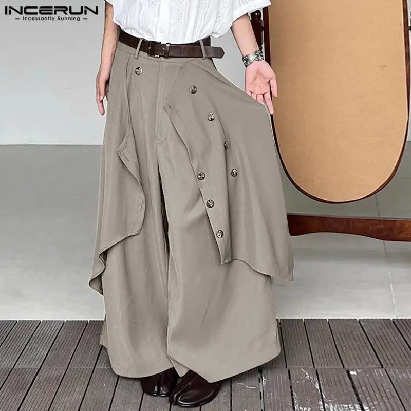 INCERUN 2023 Men Irregular Pants Button Joggers Streetwear Solid Color Trousers Men Vintage Loose Casual Wide Leg Pants S-5XL