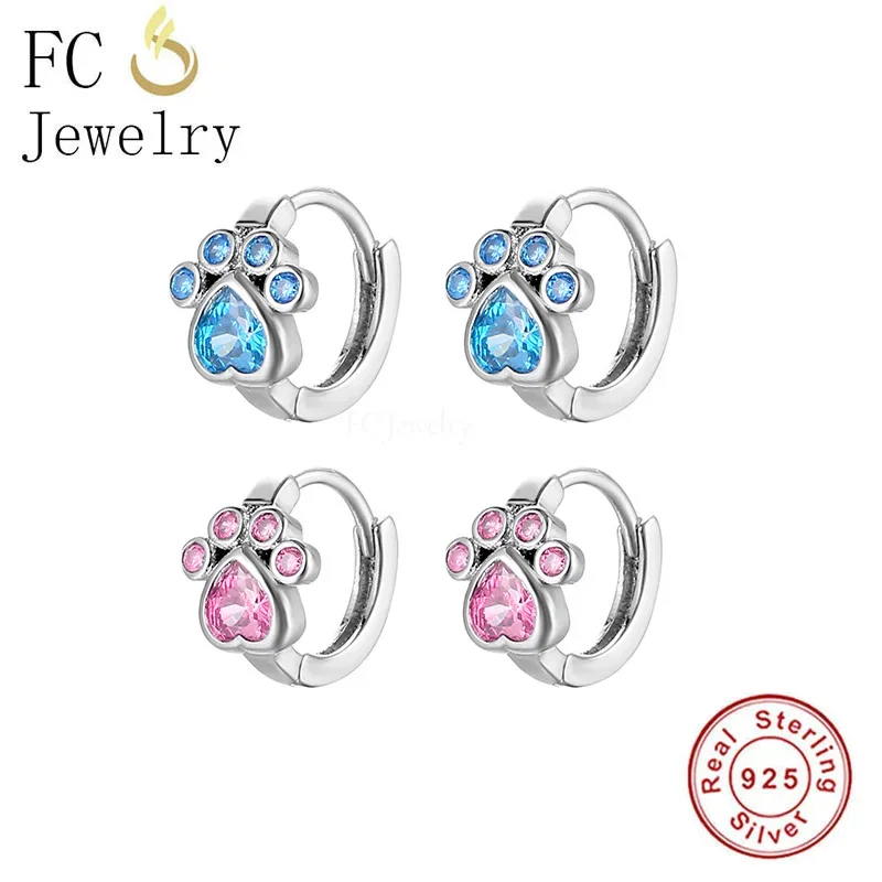 FC Jewelry 925 Sterling Silver Minimalist Pink Blue Zircon Dog Paw Huggie Hoop Earrings Girl Women Girl Love My Dog Brincos DIY