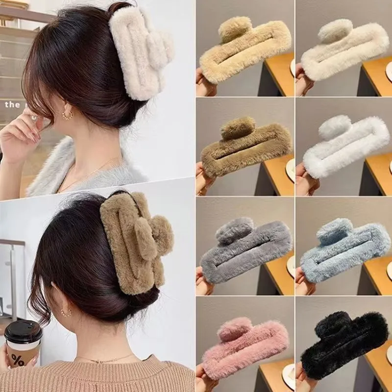 Korean Large Square Plush Hair Clip for Women Fashion Temperament Shark Clip Barrettes Girl Headwear Hair Accessories