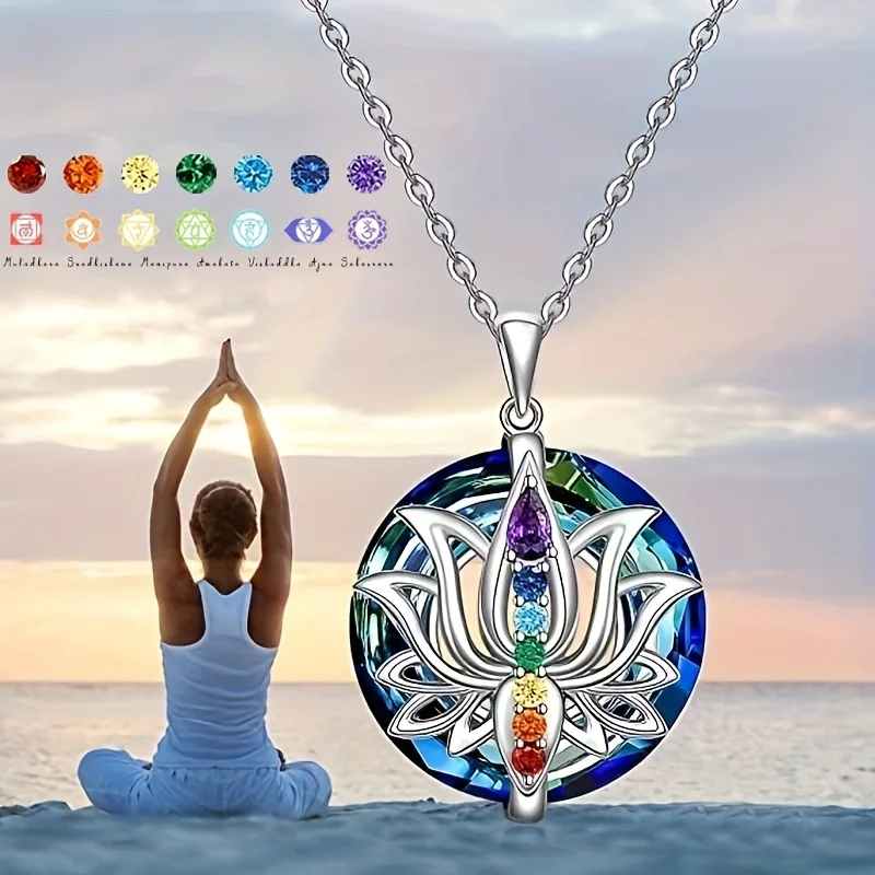 Elegant 7 Chakra Necklace Lotus Pendant Yoga Chakra Healing Stone Necklace Female Energy Balance Banquet Jewelry AnniversaryGift