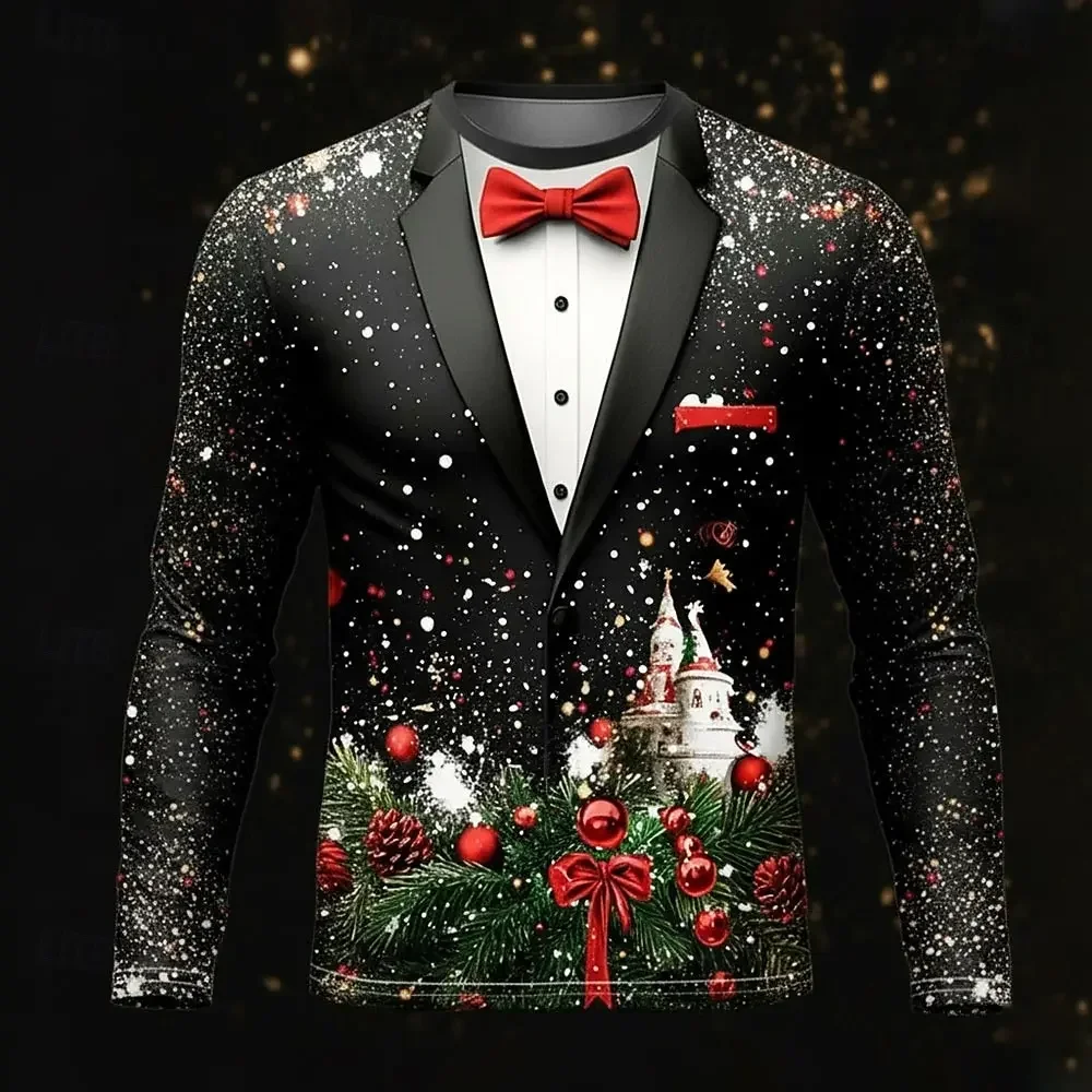 Men 3D Print Gradient Black Fake Suit Starry Sky Bow Tie Long Sleeve T Shirt Polyester Fiber Crew Neck Party Tops