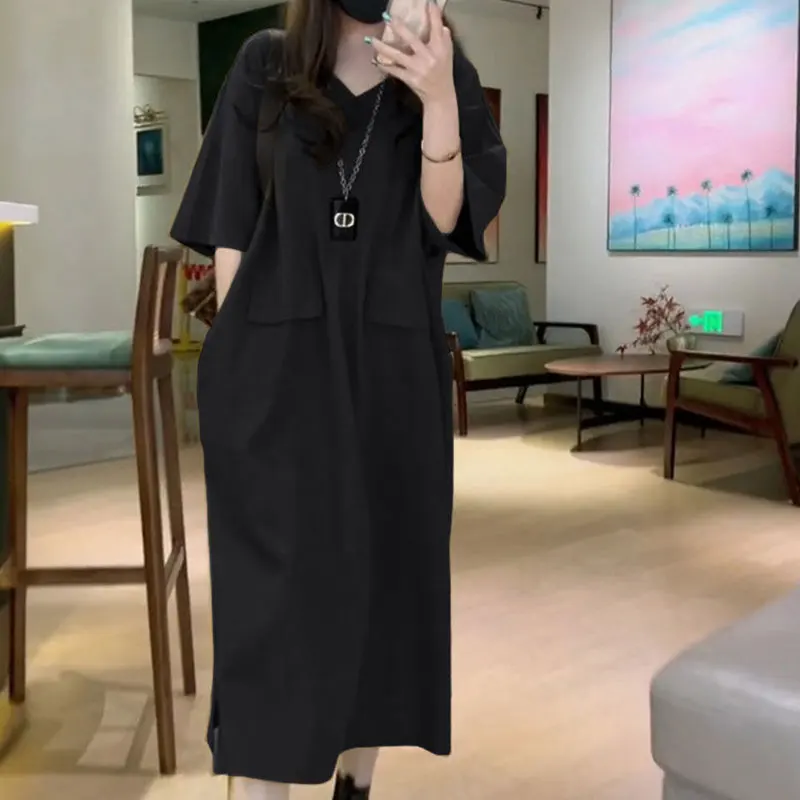 Women Loose Midi Dress Short Sleeve Skirt, Elegant, Monochromatic, Temperament, Casual Clothes, Simplicity, Office Lady, Fashion