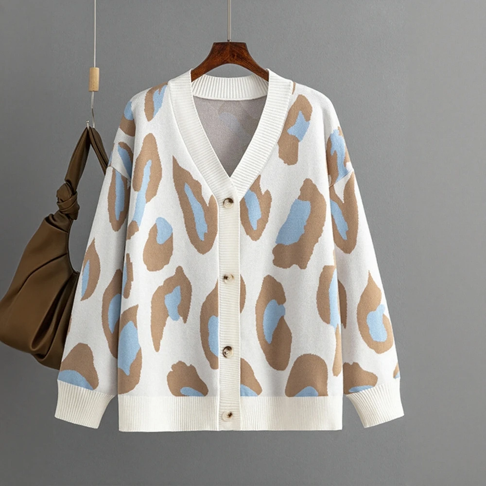 

Женский цветной леопардовый жаккардовый кардиган, свободный вязаный свитер, модный осенне-зимний стиль